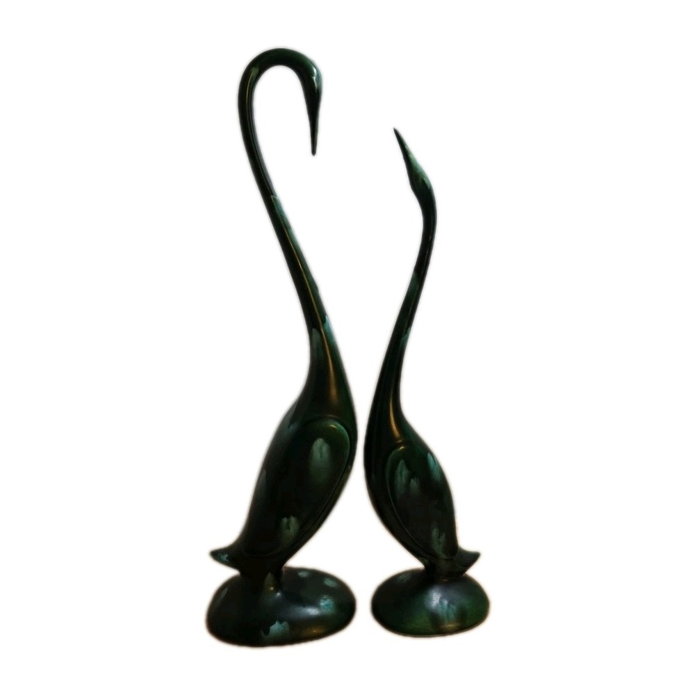 VTG Blue Mountain Pottery Crane Swan Figurines Blue Green/Black Drip Glaze